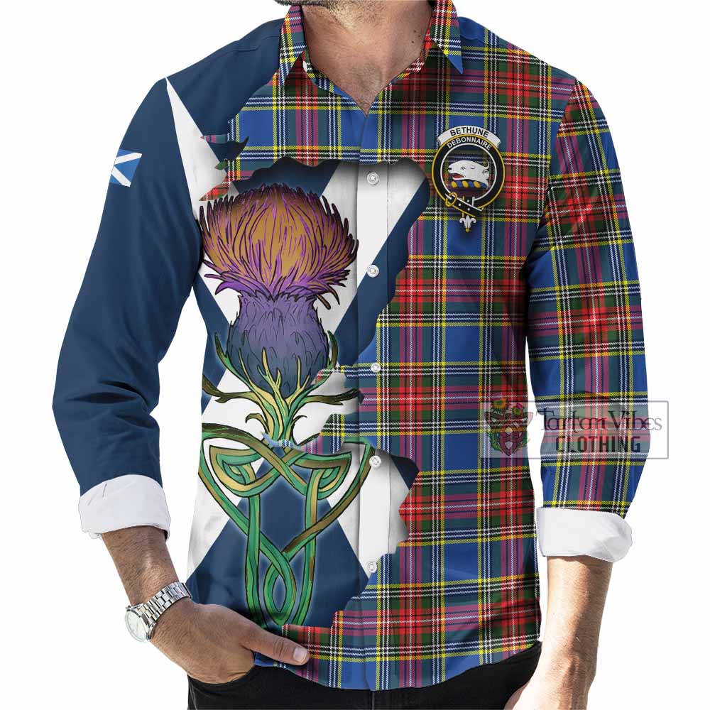 Tartan Vibes Clothing Bethune Tartan Family Crest Long Sleeve Button Shirt Scottish Thistle Celtic Inspired