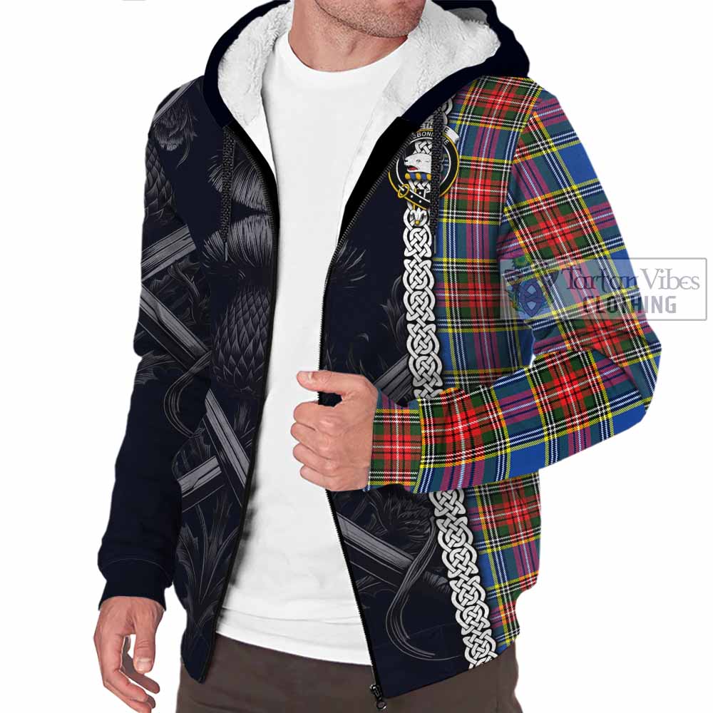 Tartan Vibes Clothing Bethune Tartan Sherpa Hoodie with Family Crest Cross Sword Thistle Celtic Vibes