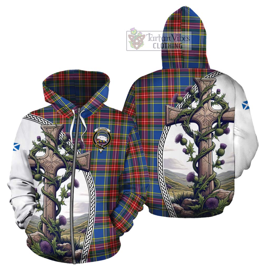 Tartan Vibes Clothing Bethune Tartan Cotton Hoodie with Family Crest and St. Andrew's Cross Accented by Thistle Vines
