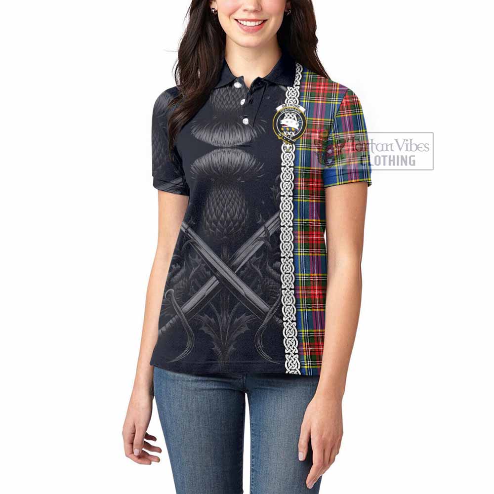Tartan Vibes Clothing Bethune Tartan Women's Polo Shirt with Family Crest Cross Sword Thistle Celtic Vibes