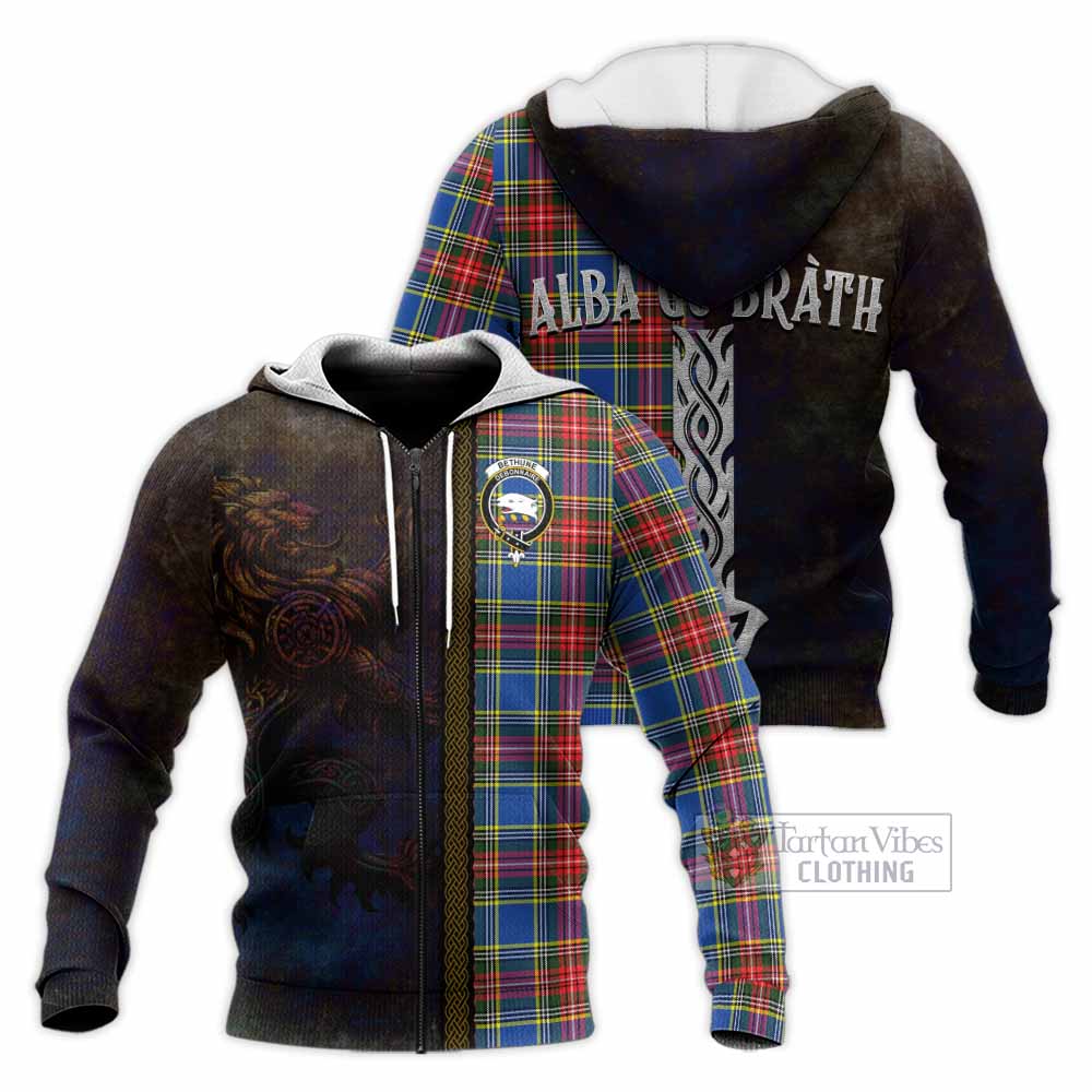 Tartan Vibes Clothing Bethune Tartan Family Crest Knitted Hoodie Alba Gu Brath Be Brave Lion Ancient Style