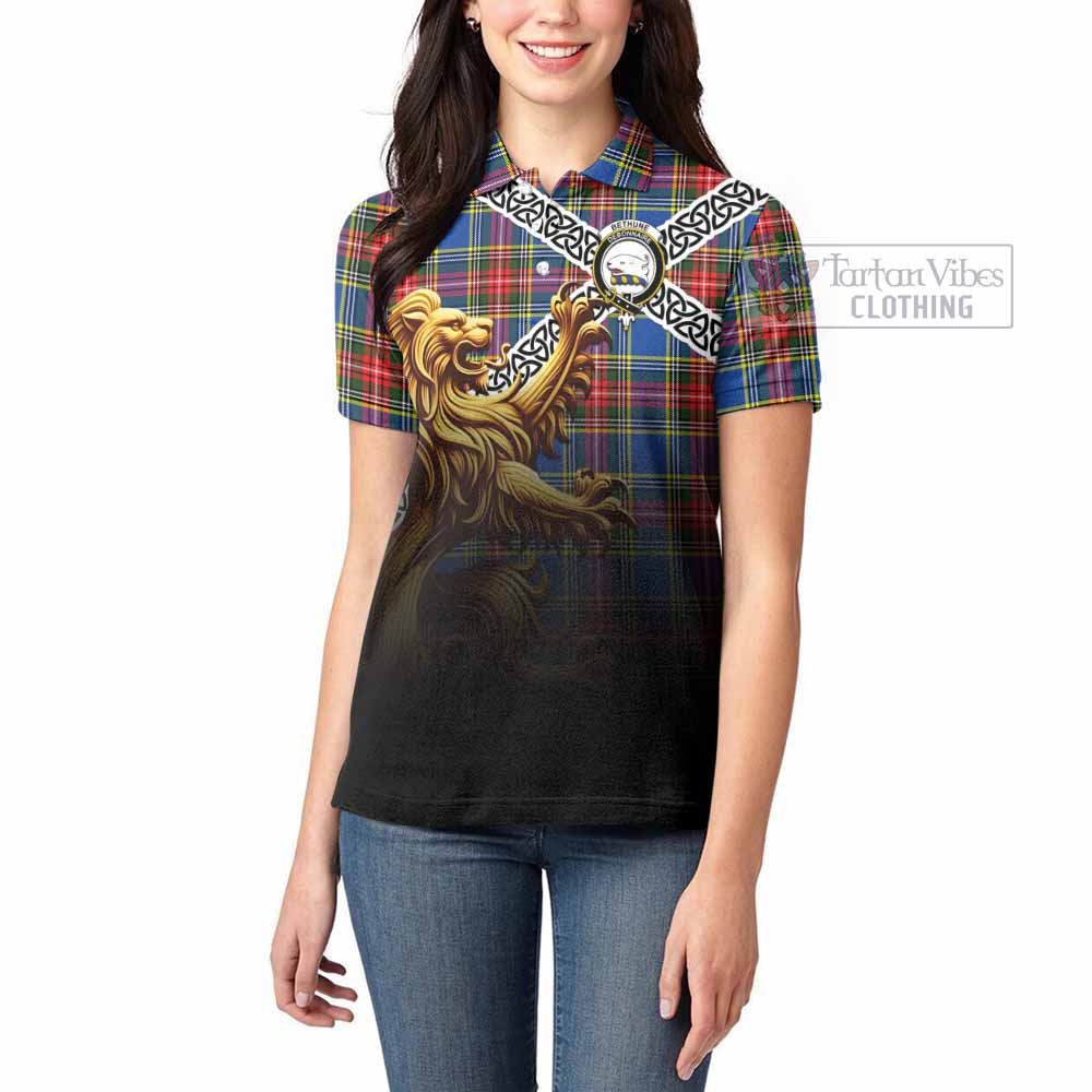Tartan Vibes Clothing Bethune Crest Tartan Women's Polo Shirt with Golden Lion Emblem Celtic Style