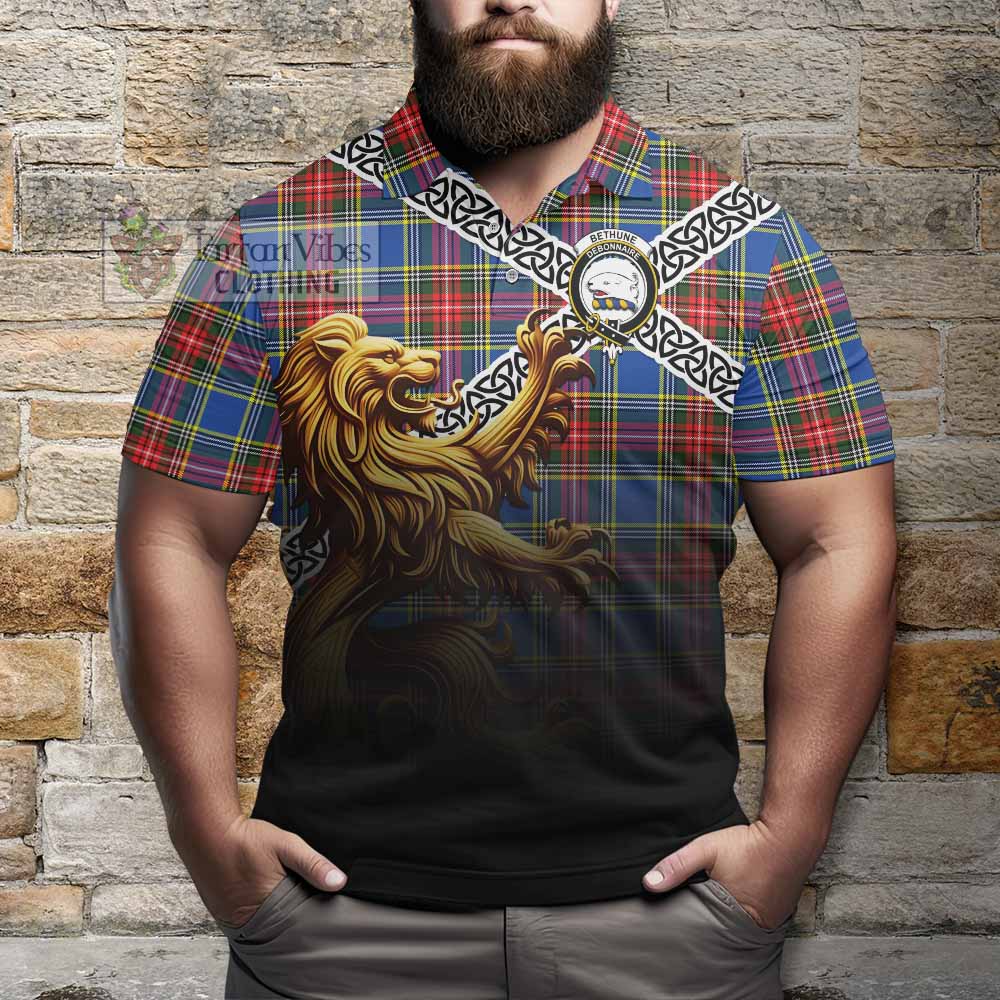 Tartan Vibes Clothing Bethune Crest Tartan Polo Shirt with Golden Lion Emblem Celtic Style