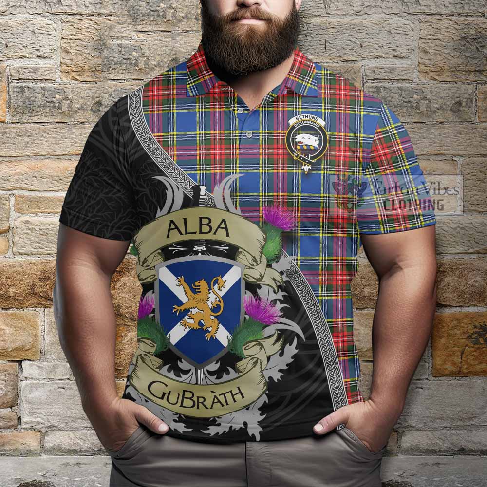 Tartan Vibes Clothing Bethune Tartan Family Crest Polo Shirt Lion Rampant Royal Thistle Shield Celtic Inspired