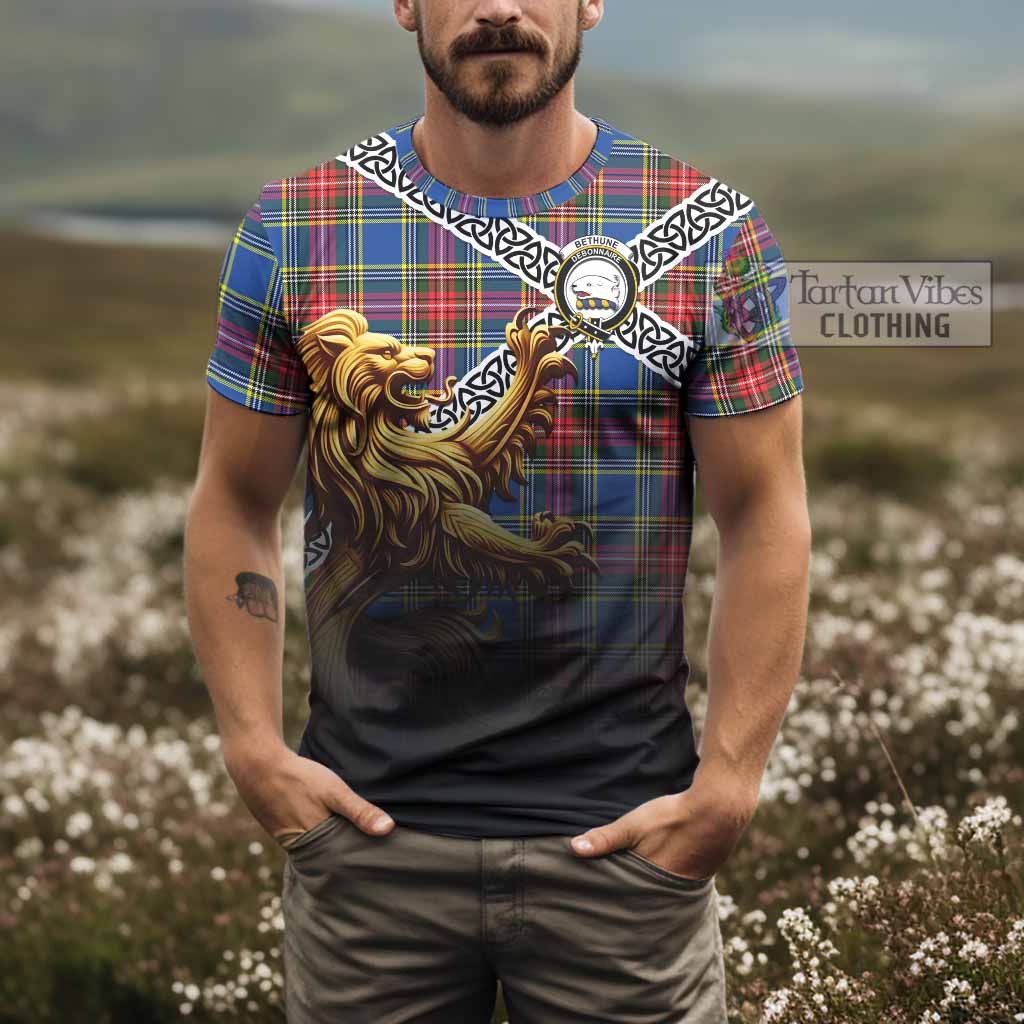 Tartan Vibes Clothing Bethune Crest Tartan T-Shirt with Golden Lion Emblem Celtic Style
