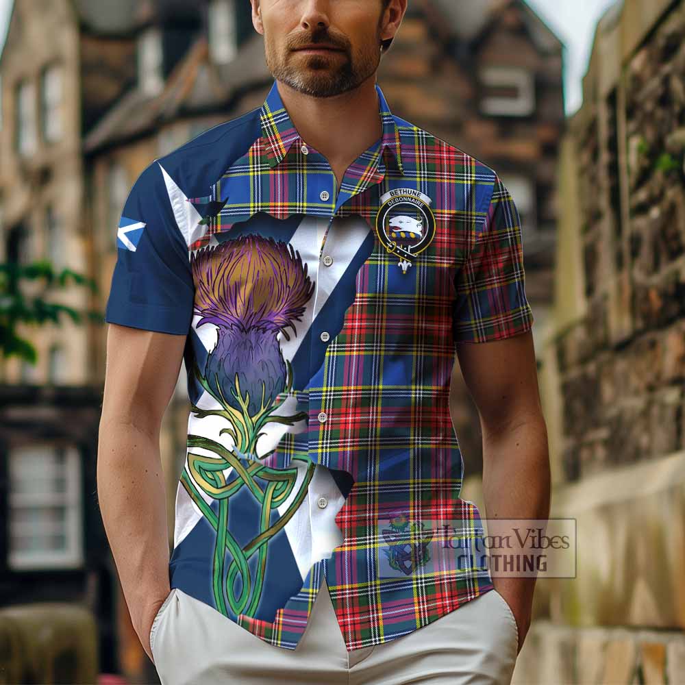 Tartan Vibes Clothing Bethune Tartan Family Crest Short Sleeve Button Shirt Scottish Thistle Celtic Inspired