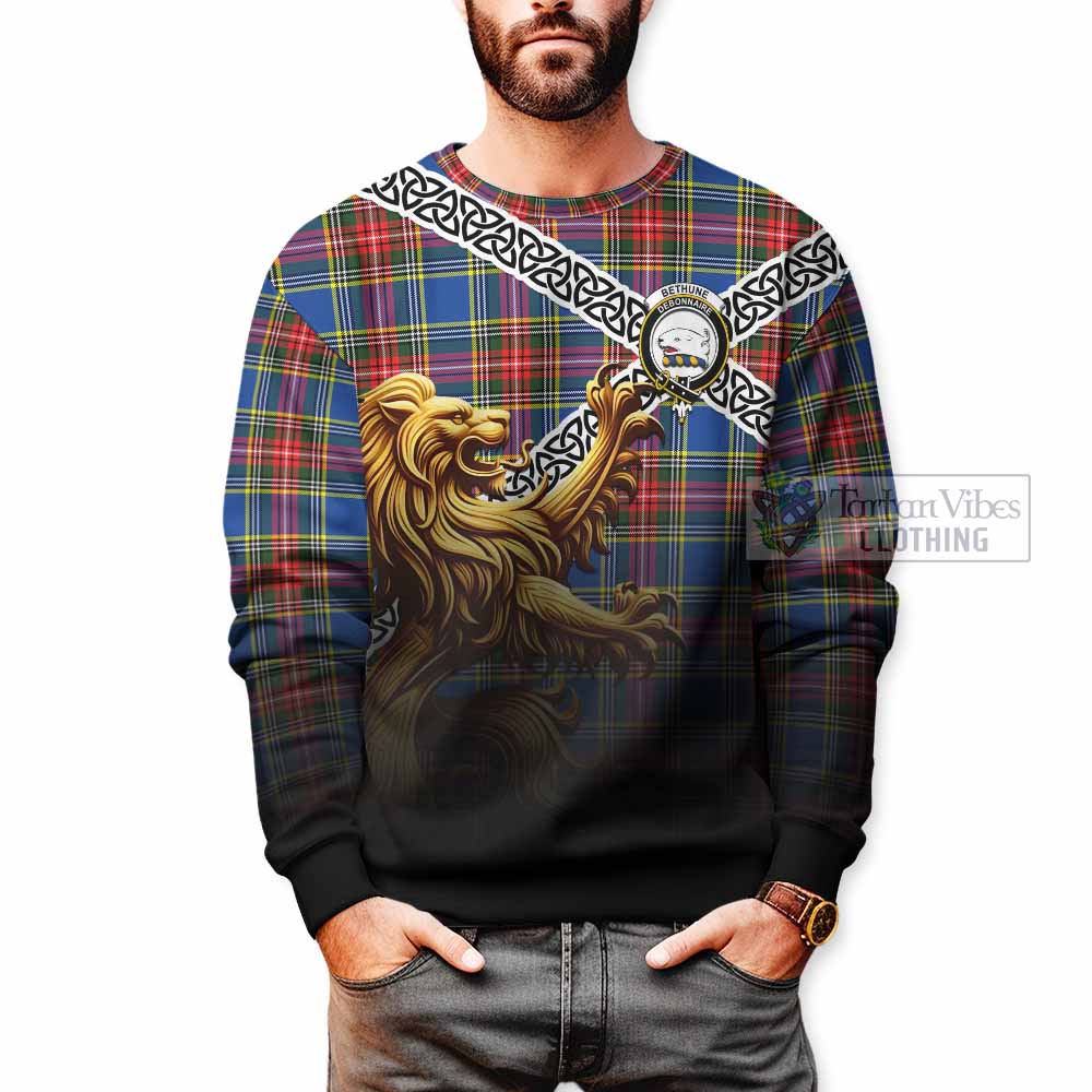 Tartan Vibes Clothing Bethune Crest Tartan Sweatshirt with Golden Lion Emblem Celtic Style