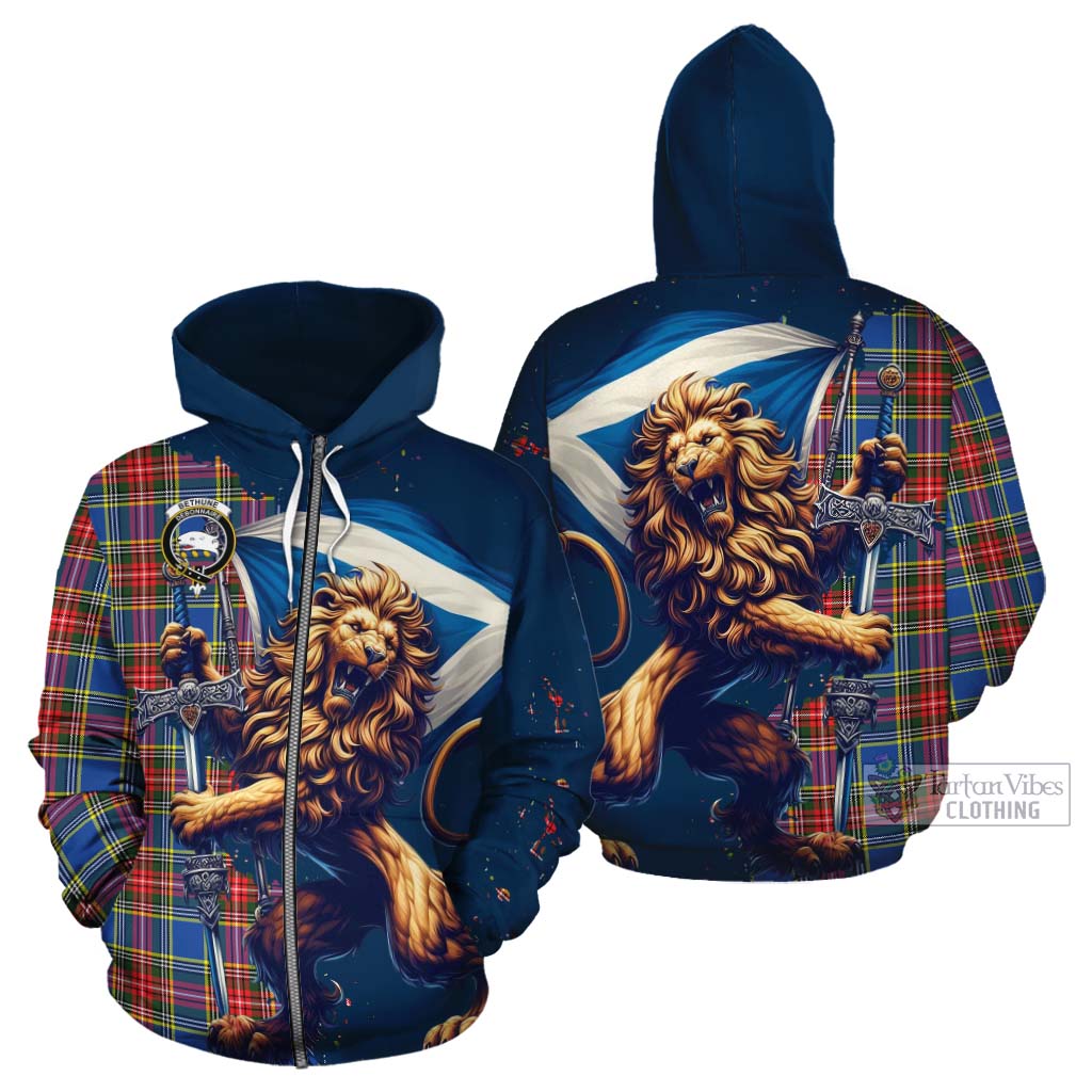 Tartan Vibes Clothing Bethune Tartan Family Crest Cotton Hoodie with Scottish Majestic Lion
