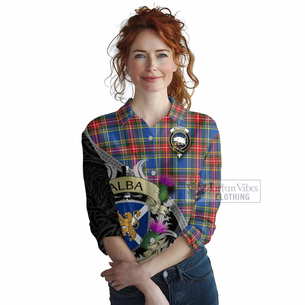 Tartan Vibes Clothing Bethune Tartan Family Crest Women's Casual Shirt Lion Rampant Royal Thistle Shield Celtic Inspired