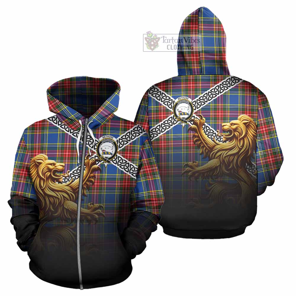 Tartan Vibes Clothing Bethune Crest Tartan Hoodie with Golden Lion Emblem Celtic Style