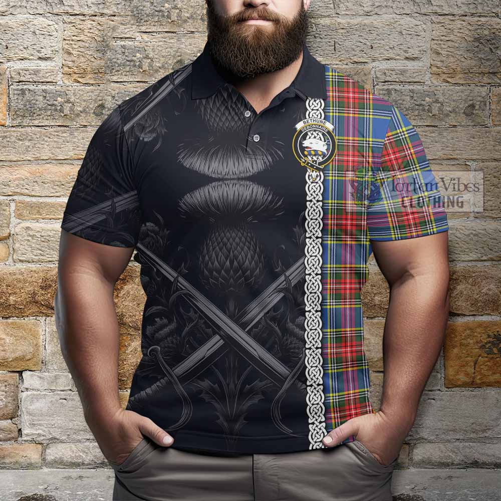 Tartan Vibes Clothing Bethune Tartan Polo Shirt with Family Crest Cross Sword Thistle Celtic Vibes