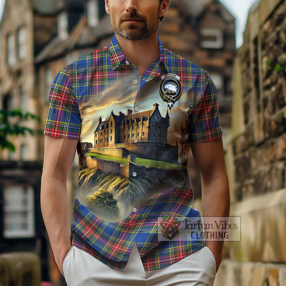 Tartan Vibes Clothing Bethune Tartan Family Crest Short Sleeve Button Shirt with Scottish Ancient Castle Style