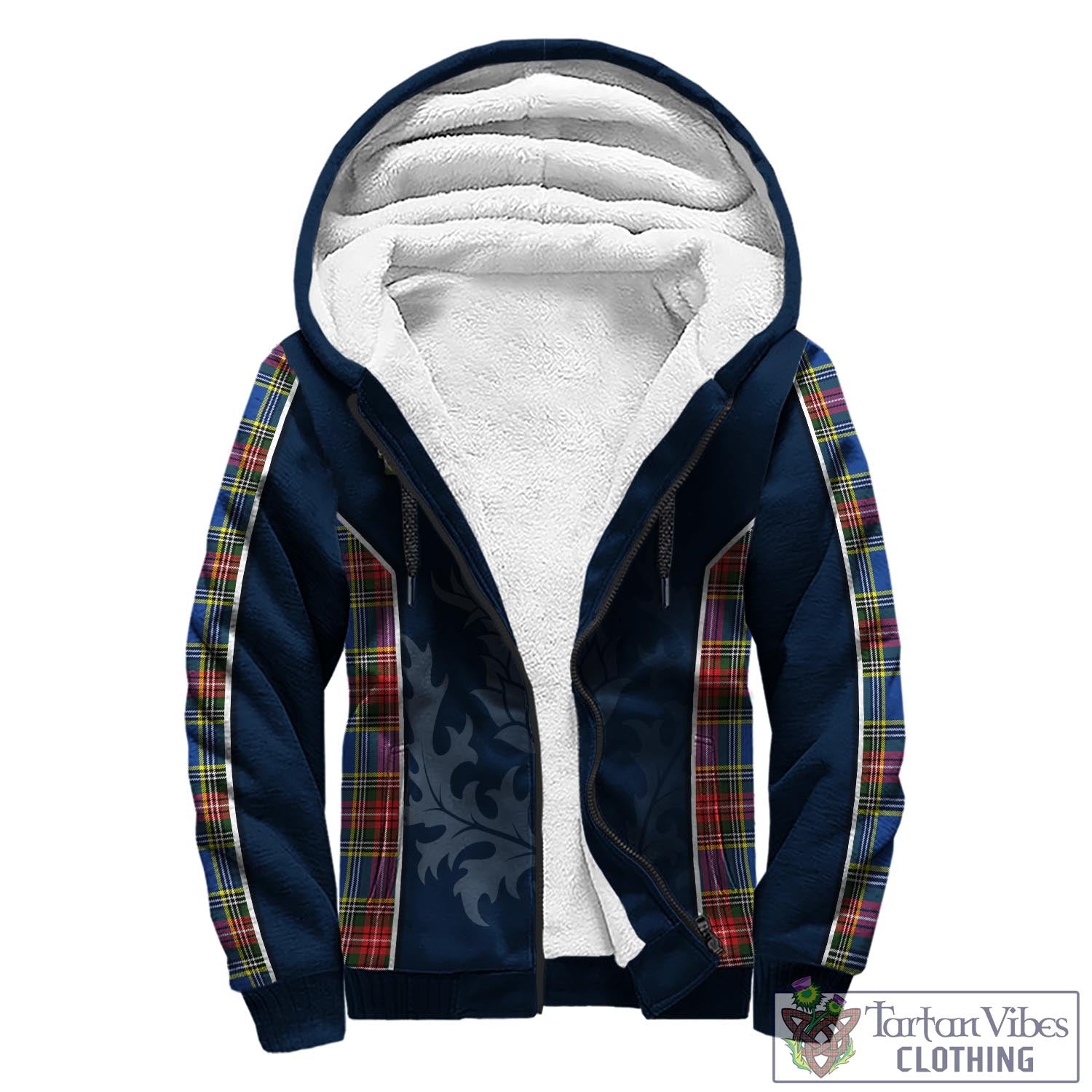 Tartan Vibes Clothing Bethune Tartan Sherpa Hoodie with Family Crest and Scottish Thistle Vibes Sport Style