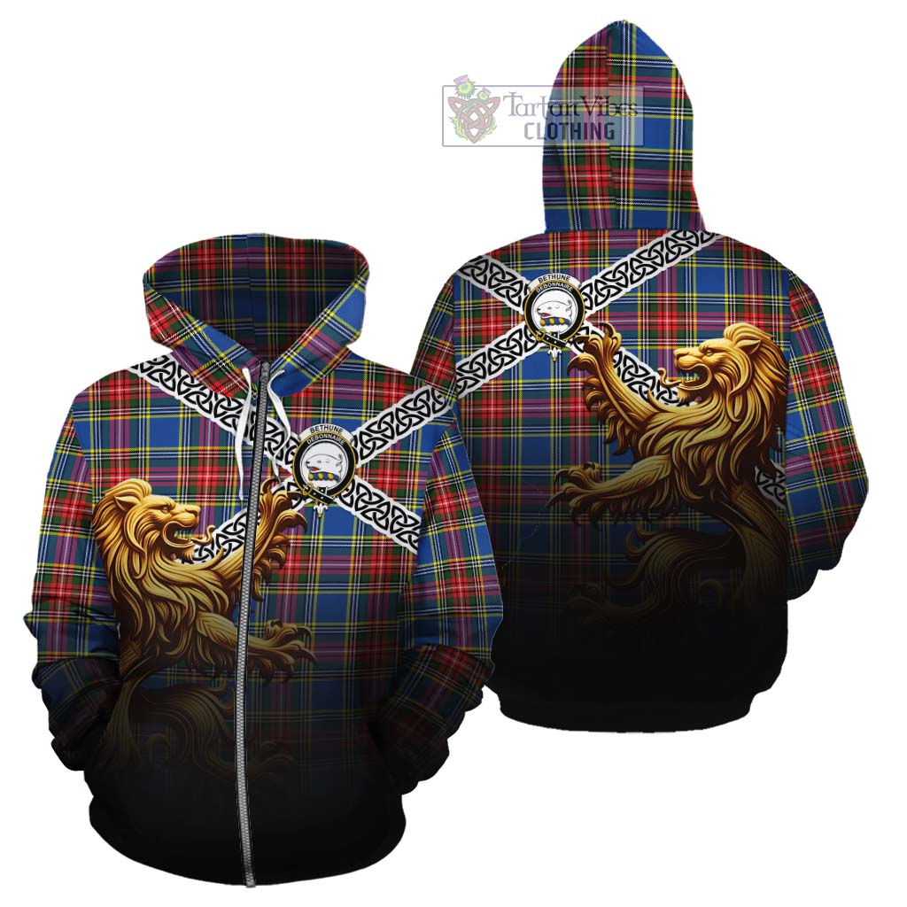 Tartan Vibes Clothing Bethune Crest Tartan Cotton Hoodie with Golden Lion Emblem Celtic Style
