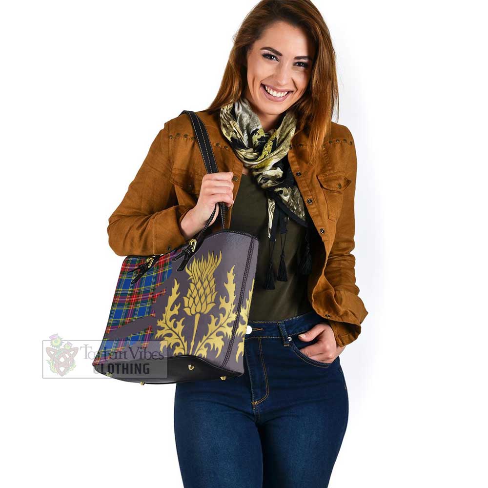 Tartan Vibes Clothing Bethune Tartan Leather Tote Bag Gold Thistle Style