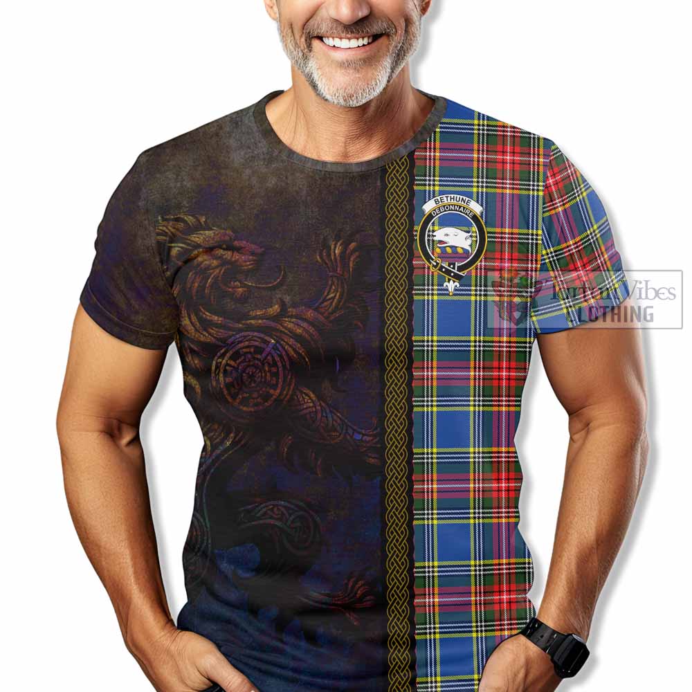 Tartan Vibes Clothing Bethune Tartan Family Crest T-Shirt Alba Gu Brath Be Brave Lion Ancient Style
