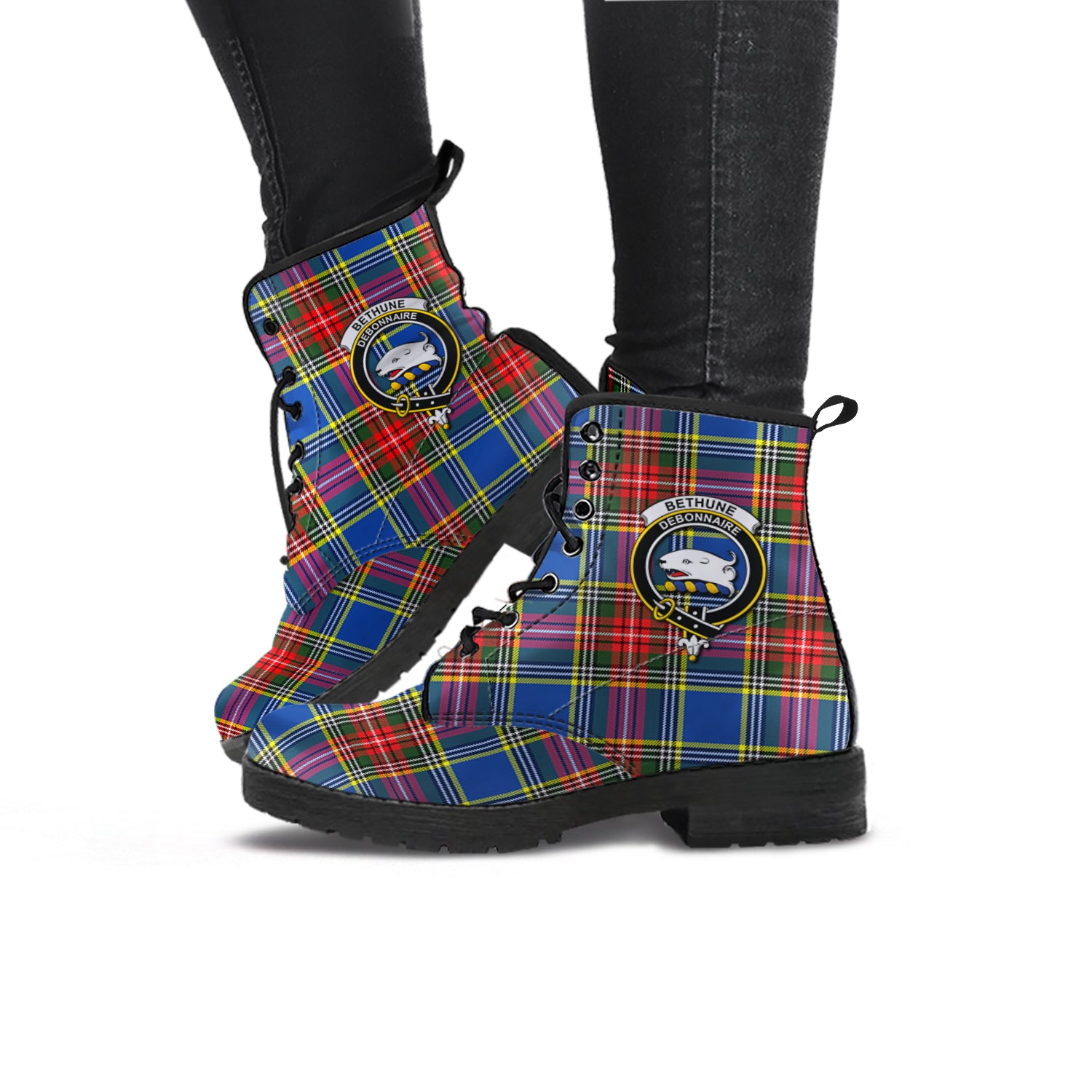 Bethune Tartan Leather Boots with Family Crest - Tartanvibesclothing