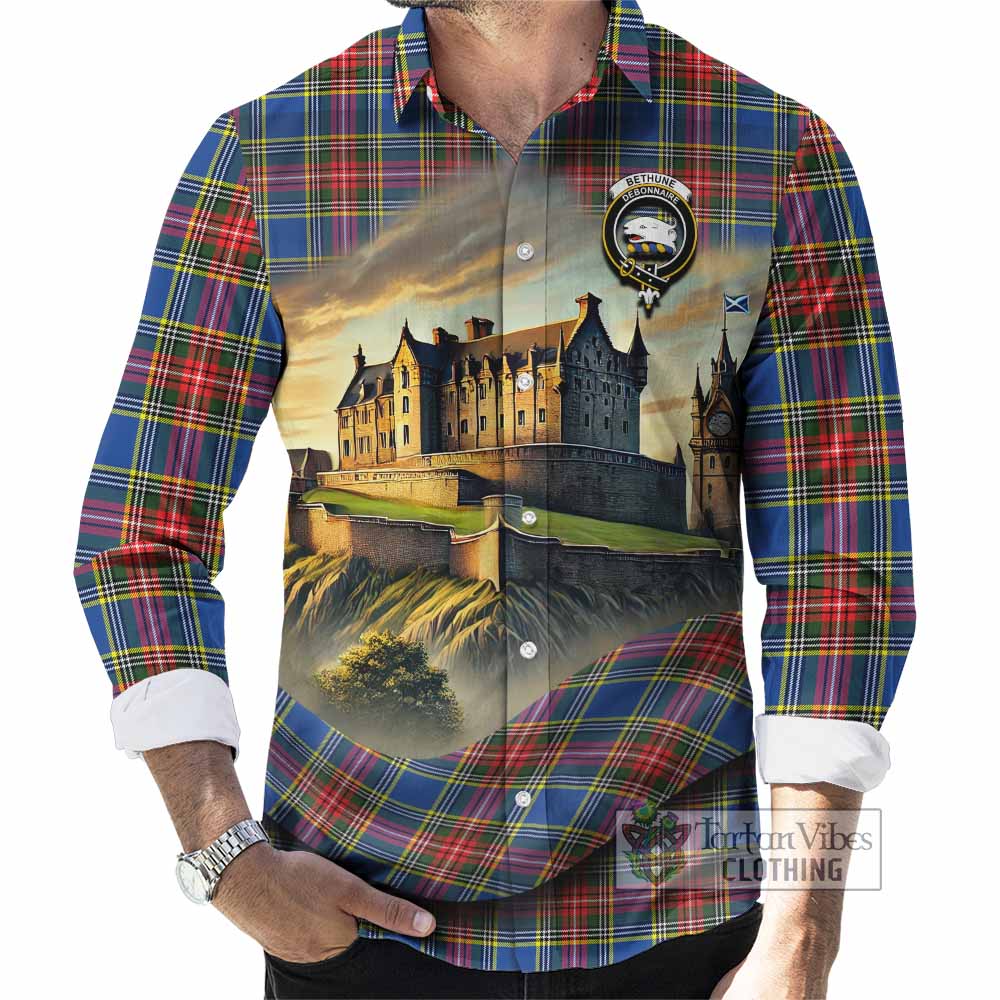 Tartan Vibes Clothing Bethune Tartan Family Crest Long Sleeve Button Shirt with Scottish Ancient Castle Style