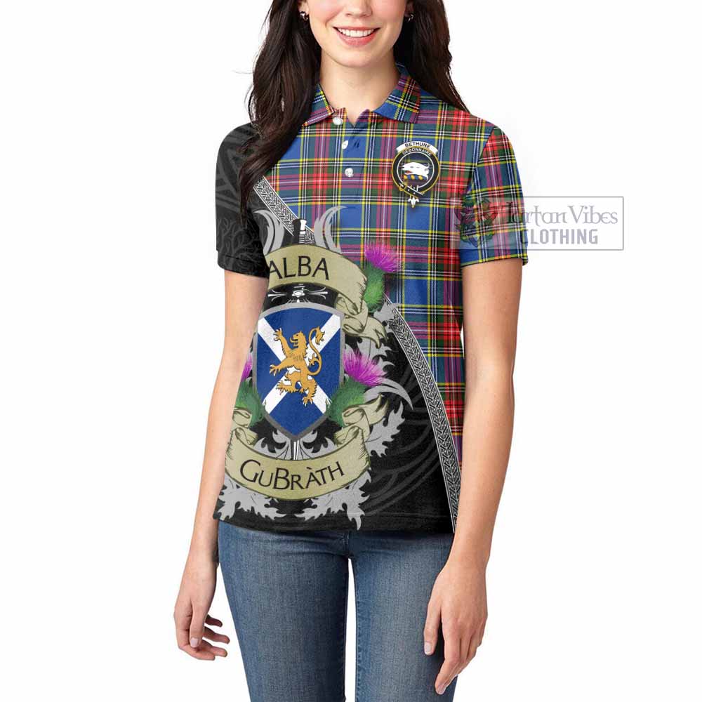 Tartan Vibes Clothing Bethune Tartan Family Crest Women's Polo Shirt Lion Rampant Royal Thistle Shield Celtic Inspired