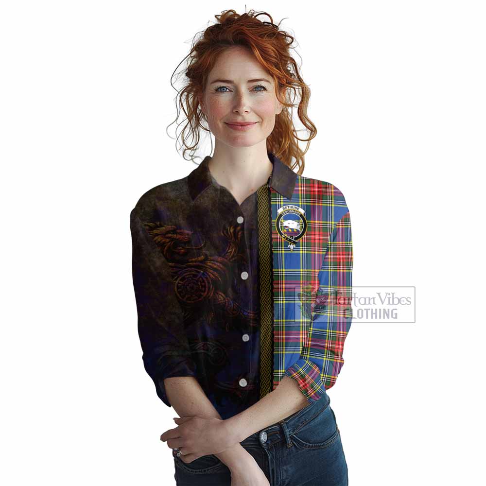 Tartan Vibes Clothing Bethune Tartan Family Crest Women's Casual Shirt Alba Gu Brath Be Brave Lion Ancient Style