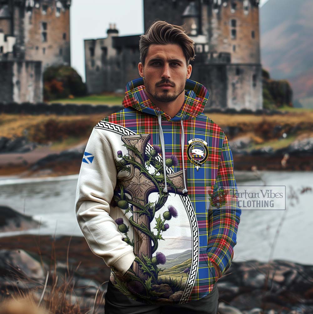 Tartan Vibes Clothing Bethune Tartan Cotton Hoodie with Family Crest and St. Andrew's Cross Accented by Thistle Vines
