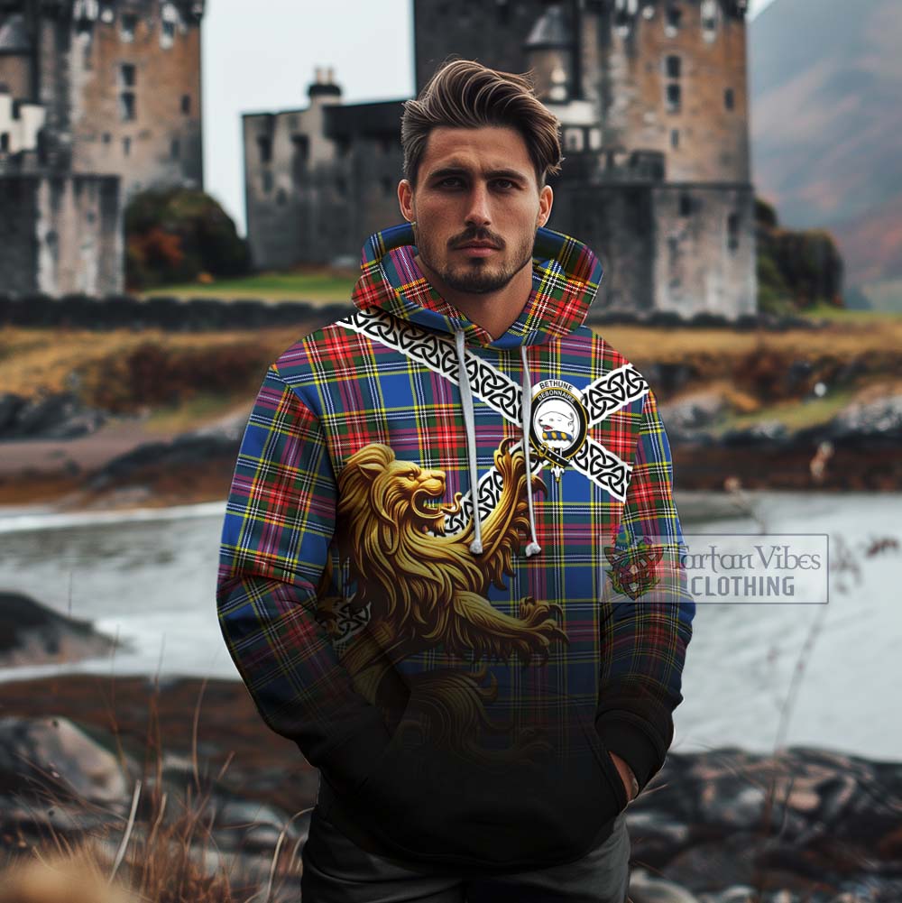 Tartan Vibes Clothing Bethune Crest Tartan Cotton Hoodie with Golden Lion Emblem Celtic Style