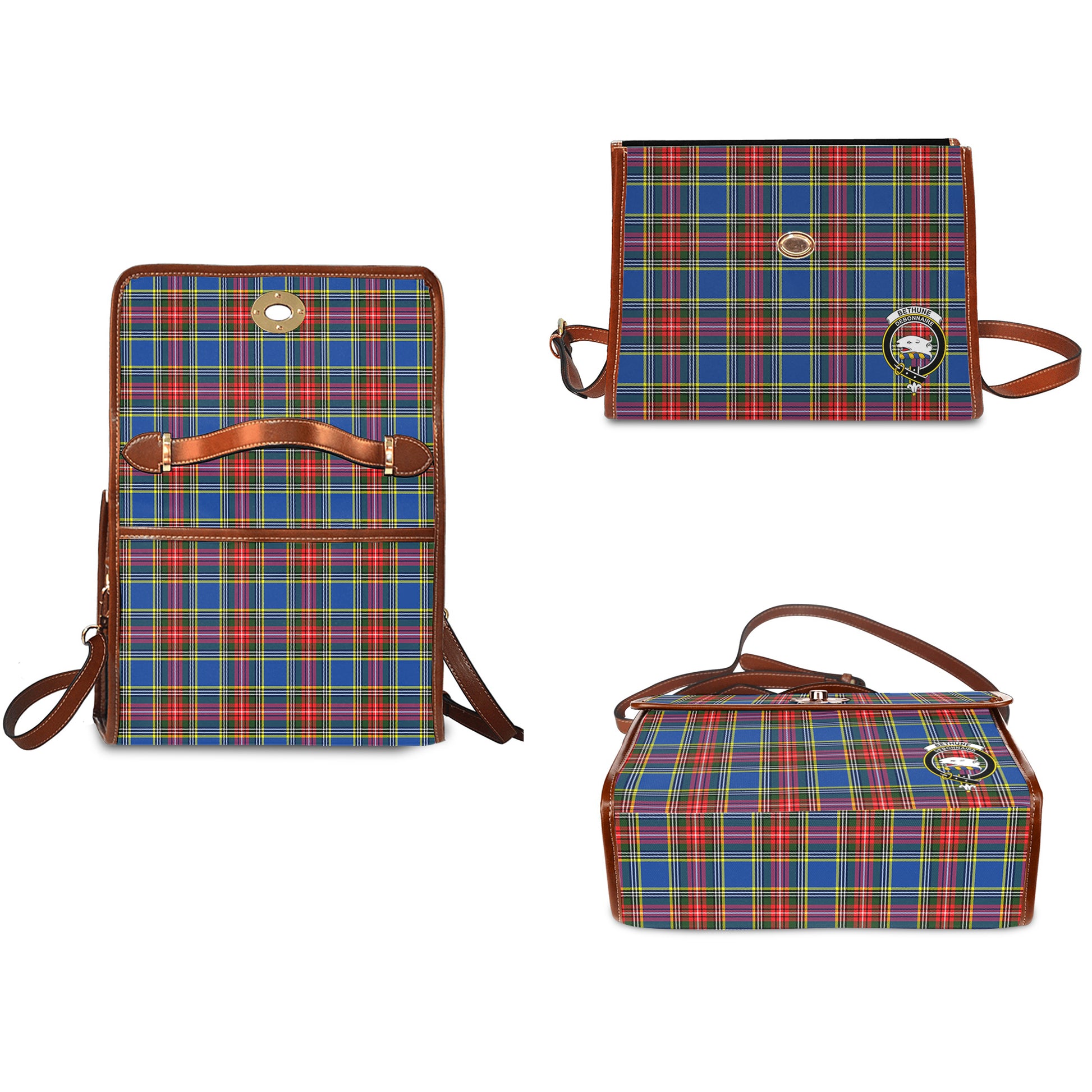 Bethune Tartan Leather Strap Waterproof Canvas Bag with Family Crest - Tartanvibesclothing