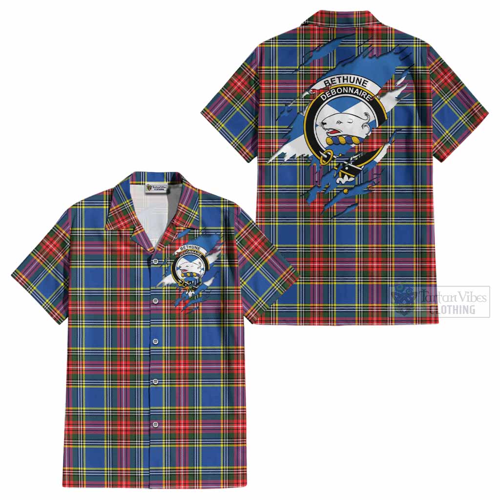 Bethune Clan Crest In Me Tartan Cotton Hawaiian Shirt Scotland Flag Style