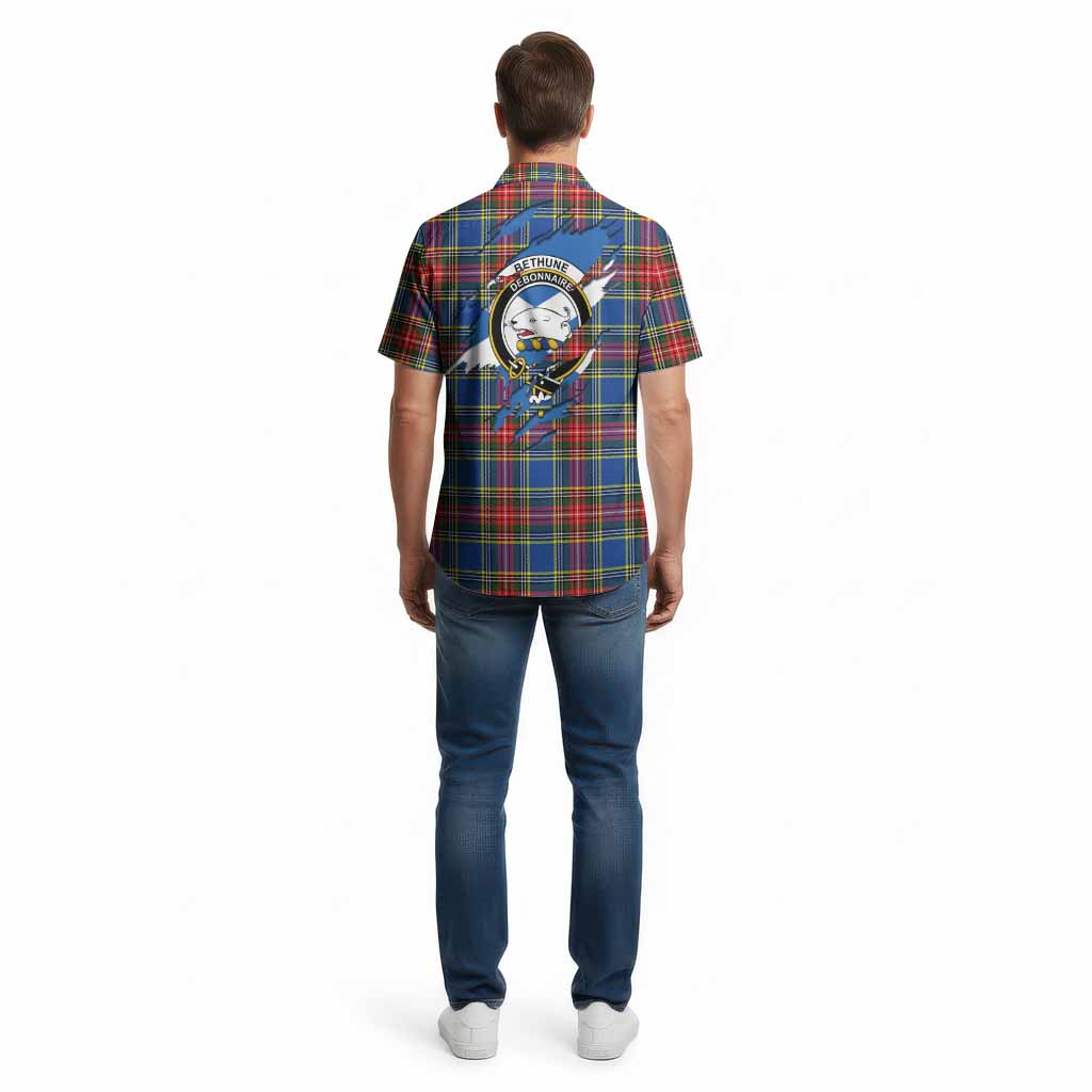 Bethune Clan Crest In Me Tartan Cotton Hawaiian Shirt Scotland Flag Style