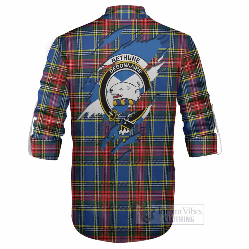 Bethune Clan Crest In Me Tartan Ghillie Shirt Scotland Flag Style