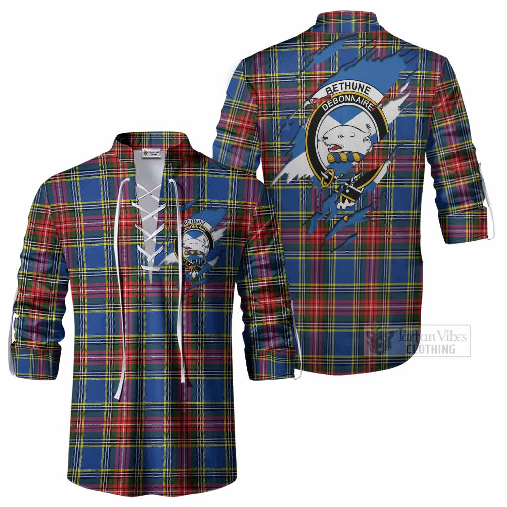 Bethune Clan Crest In Me Tartan Ghillie Shirt Scotland Flag Style