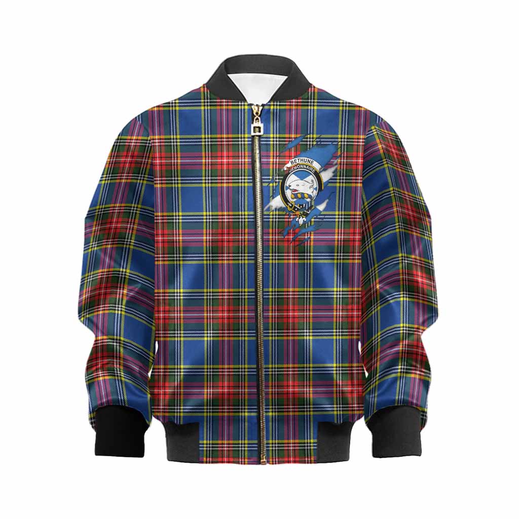 Bethune Clan Crest In Me Tartan Kid Bomber Jacket Scotland Flag Style