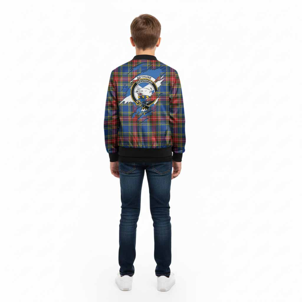 Bethune Clan Crest In Me Tartan Kid Bomber Jacket Scotland Flag Style