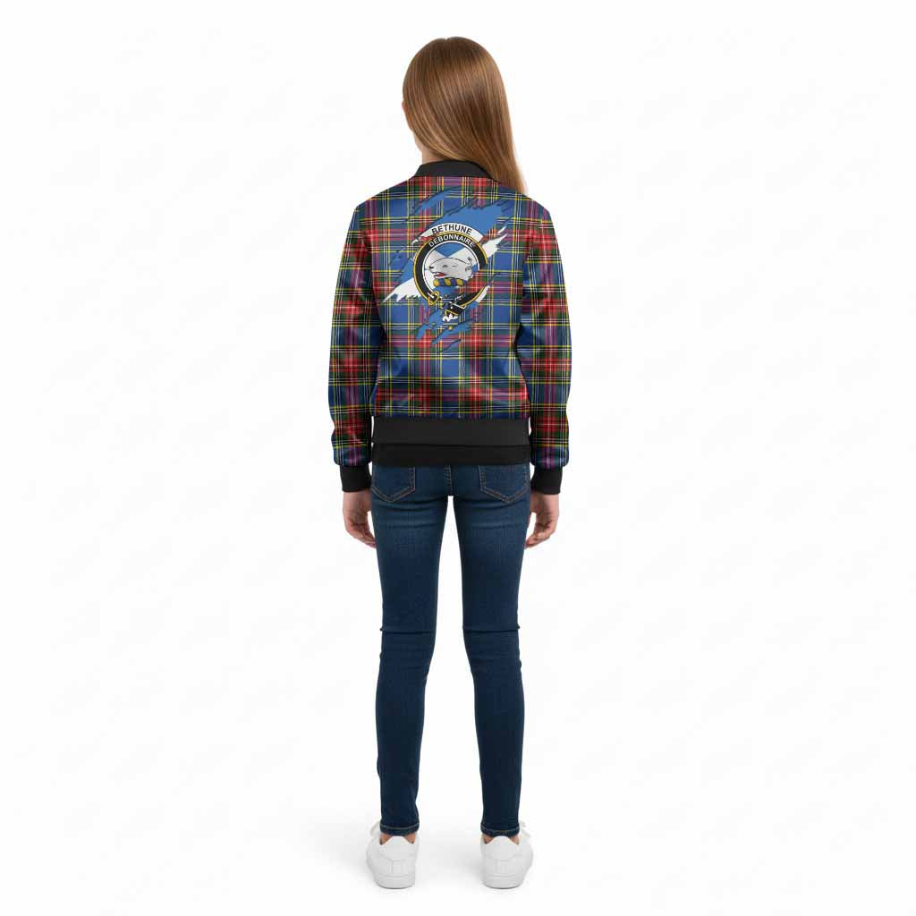 Bethune Clan Crest In Me Tartan Kid Bomber Jacket Scotland Flag Style