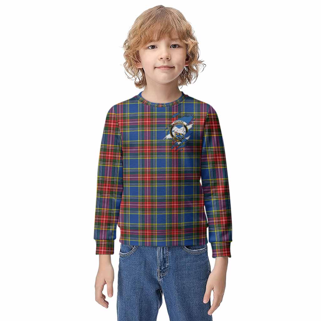 Bethune Clan Crest In Me Tartan Kid Knitted Sweatshirt Scotland Flag Style
