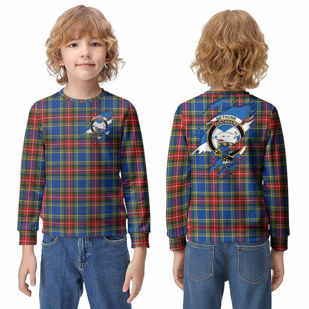 Bethune Clan Crest In Me Tartan Kid Knitted Sweatshirt Scotland Flag Style