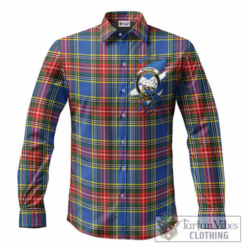 Bethune Clan Crest In Me Tartan Long Sleeve Button Shirts Scotland Flag Style