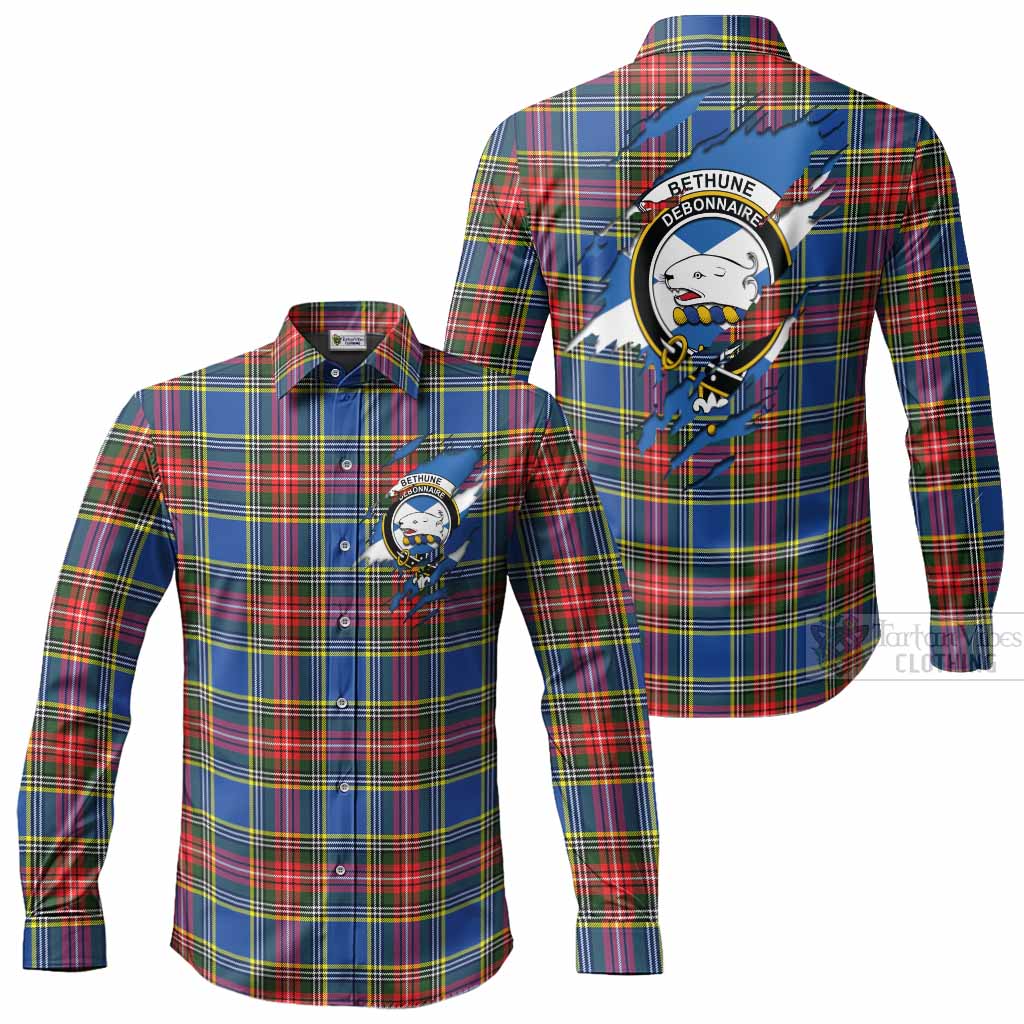 Bethune Clan Crest In Me Tartan Long Sleeve Button Shirts Scotland Flag Style