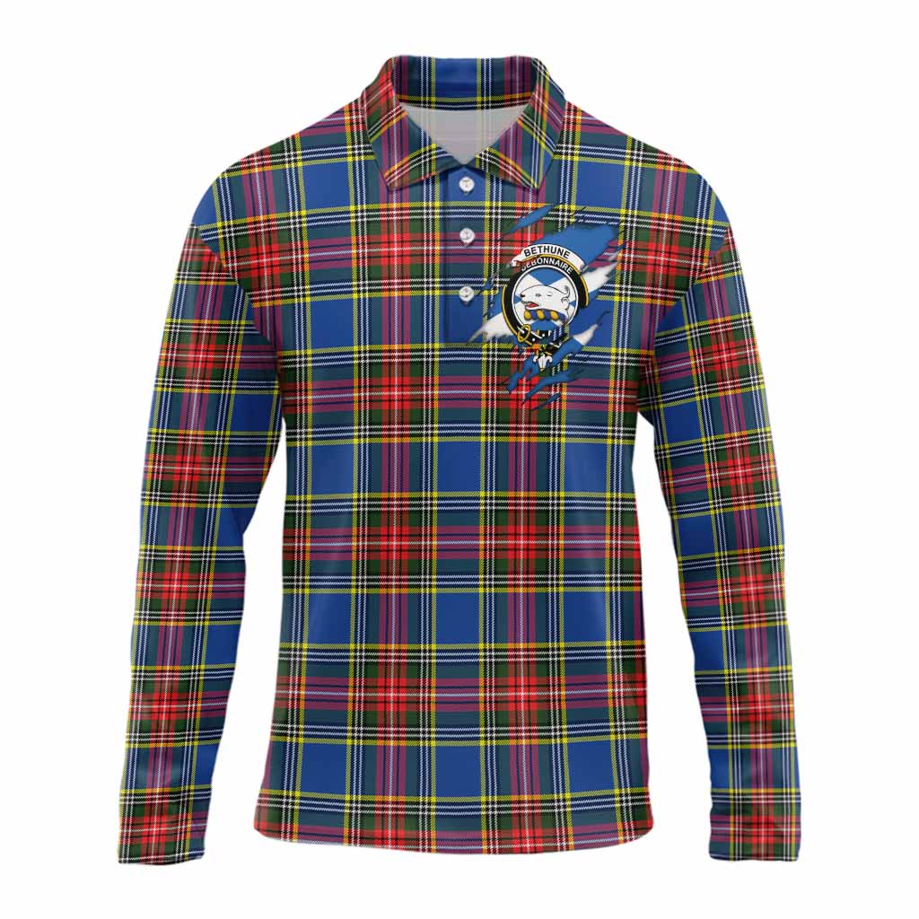 Bethune Clan Crest In Me Tartan Long Sleeve Polo Shirt Scotland Flag Style
