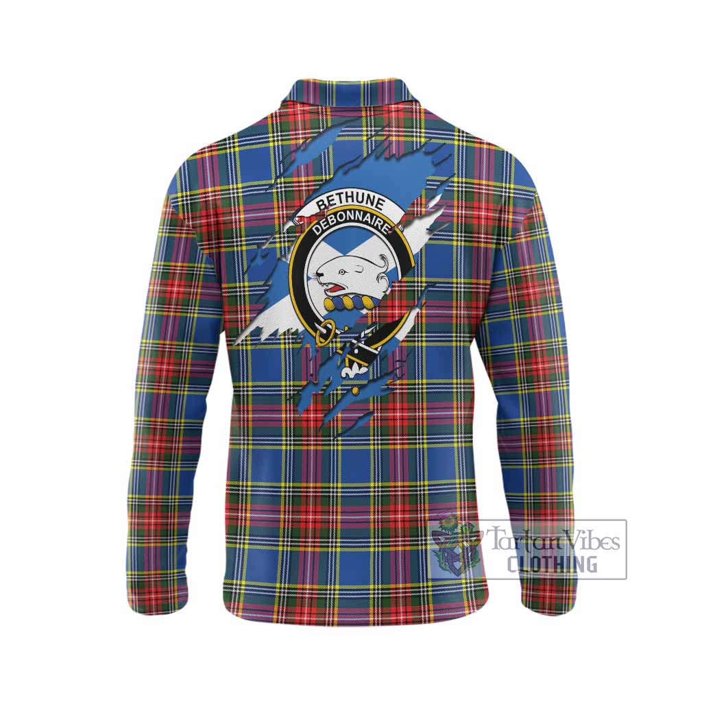 Bethune Clan Crest In Me Tartan Long Sleeve Polo Shirt Scotland Flag Style