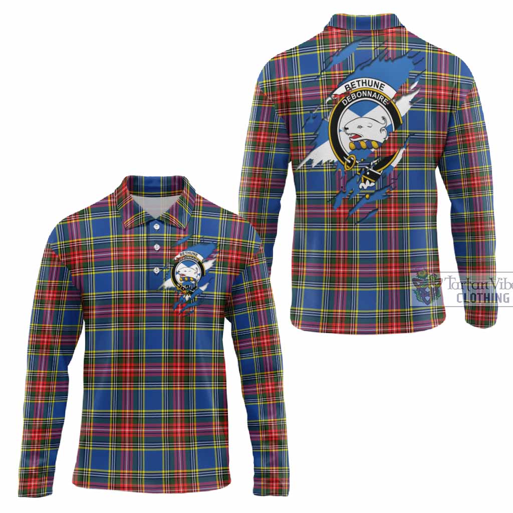 Bethune Clan Crest In Me Tartan Long Sleeve Polo Shirt Scotland Flag Style