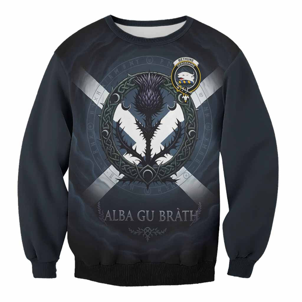 Bethune Clan Crest Sweatshirt with Celtic Knot Thistle and Saltire