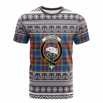 Bethune Clan Tartan Christmas Cotton T-shirt with Family Crest