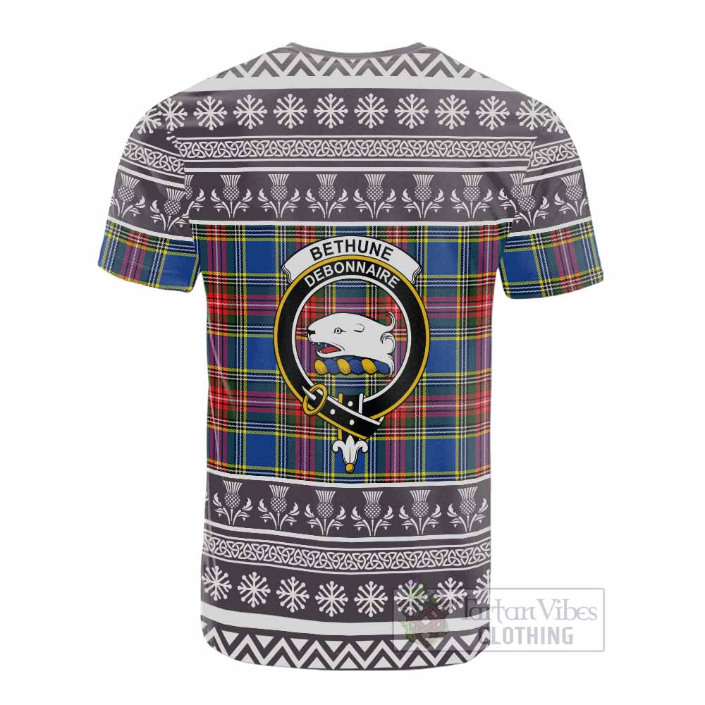 Bethune Clan Tartan Christmas Cotton T-shirt with Family Crest - Tartan Vibes Clothing