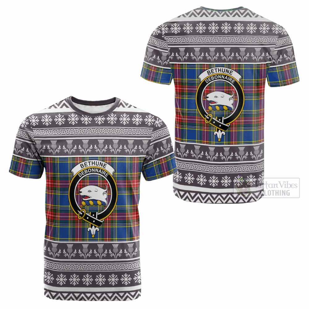 Bethune Clan Tartan Christmas Cotton T-shirt with Family Crest - Tartan Vibes Clothing
