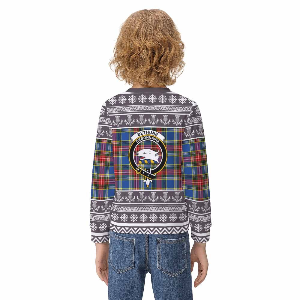 Bethune Clan Tartan Christmas Kid Ugly Sweatshirt with Family Crest - Tartan Vibes Clothing