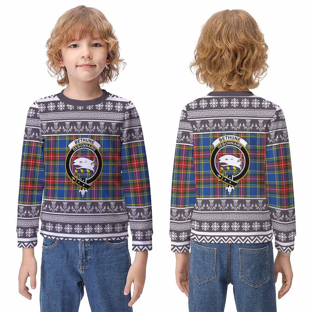 Bethune Clan Tartan Christmas Kid Ugly Sweatshirt with Family Crest - Tartan Vibes Clothing
