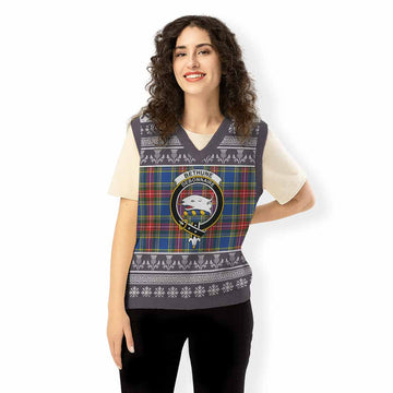 Bethune Clan Tartan Christmas Knitted V-Neck Vest with Family Crest