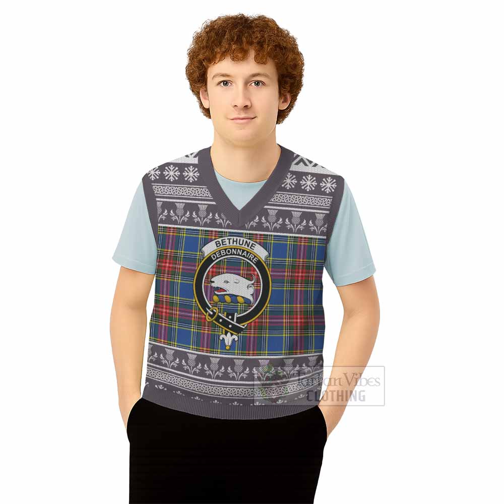 Bethune Clan Tartan Christmas Knitted V-Neck Vest with Family Crest - Tartan Vibes Clothing