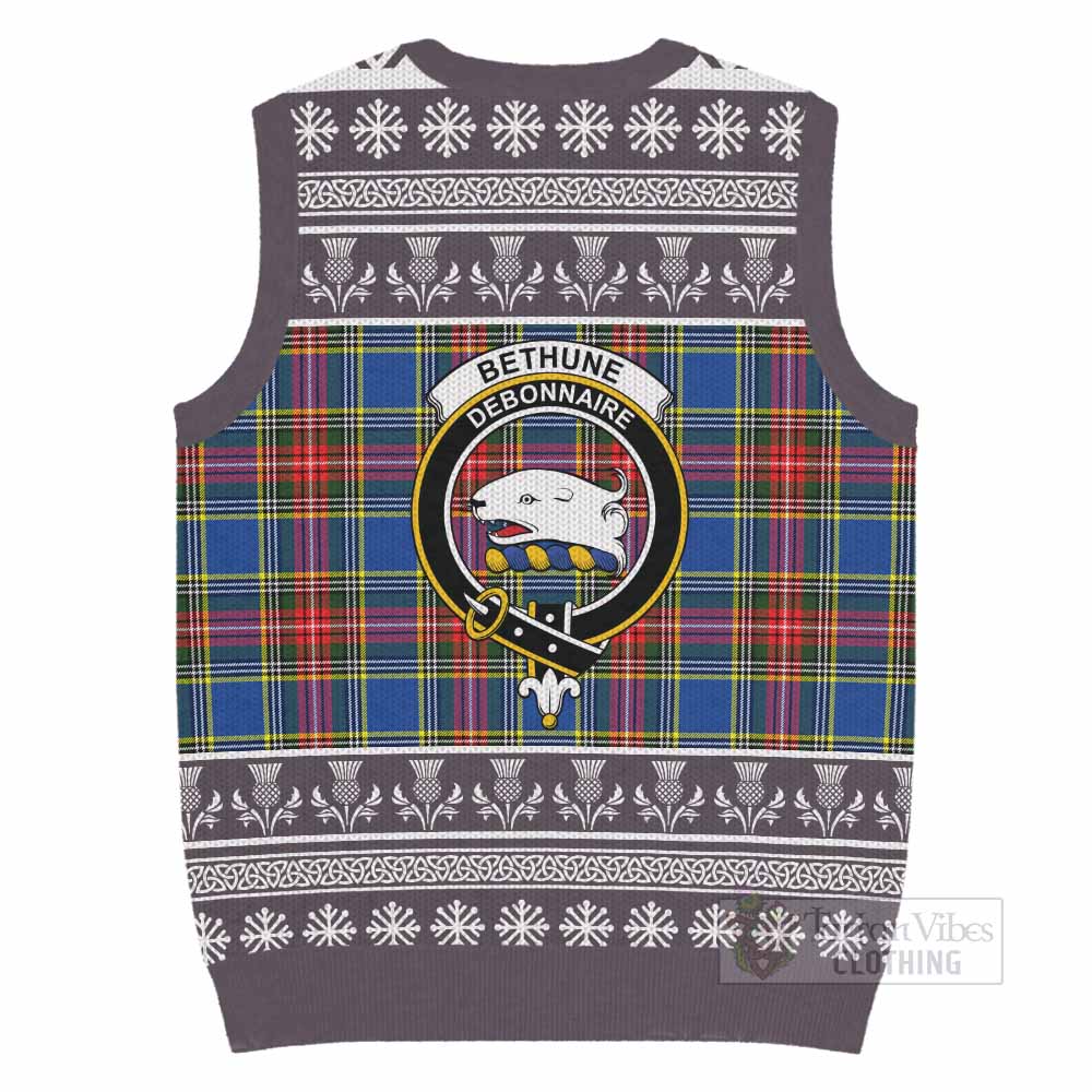 Bethune Clan Tartan Christmas Knitted V-Neck Vest with Family Crest - Tartan Vibes Clothing